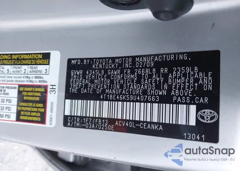 2009 Toyota Camry Le from USA, damaged, VIN 4T1BE46K59U407663